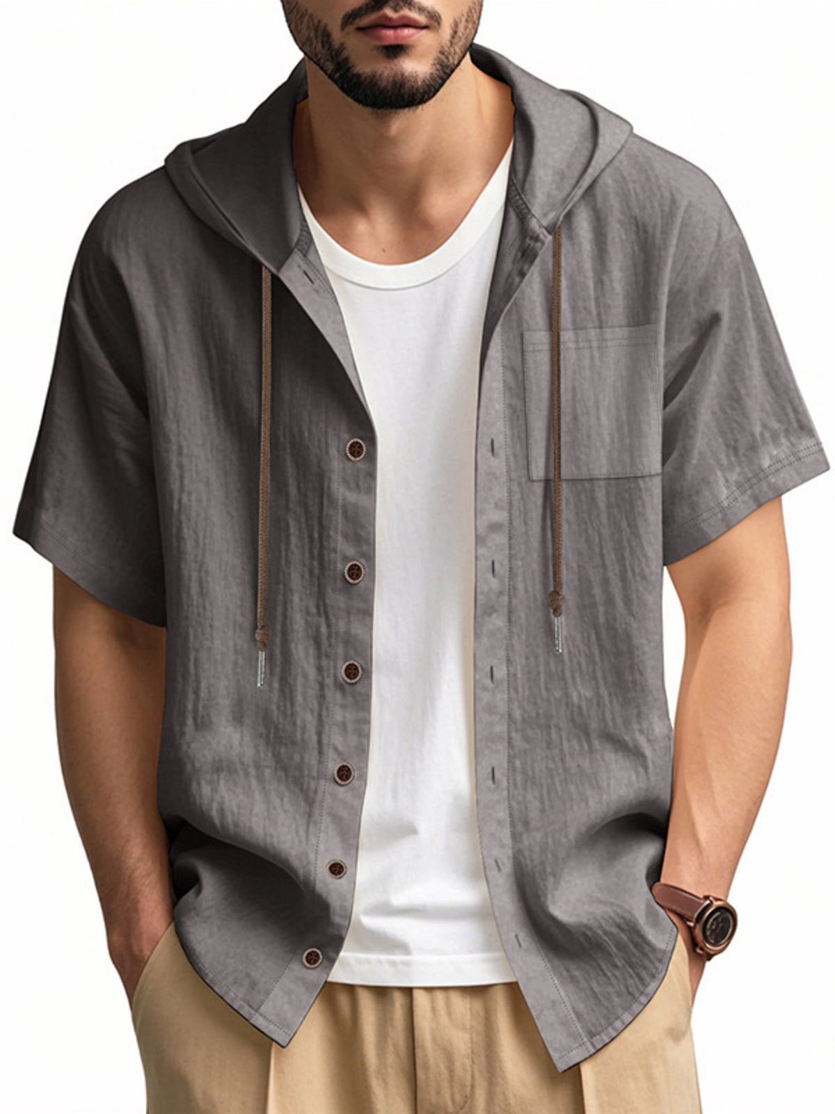 Dark gray hooded short-sleeve button shirt with drawstring hood and button placket