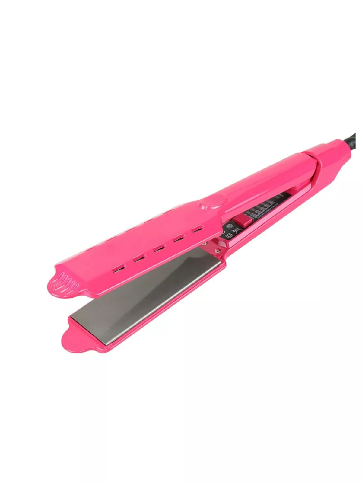 Pink hair straightener with wide plates and vented heating channel