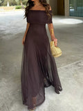 Coffee off-shoulder ruched sheer mesh maxi dress with draped sleeves and full skirt