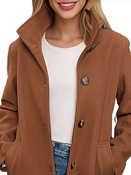 Brown button-front long-sleeve coat with notch collar and front button detail.