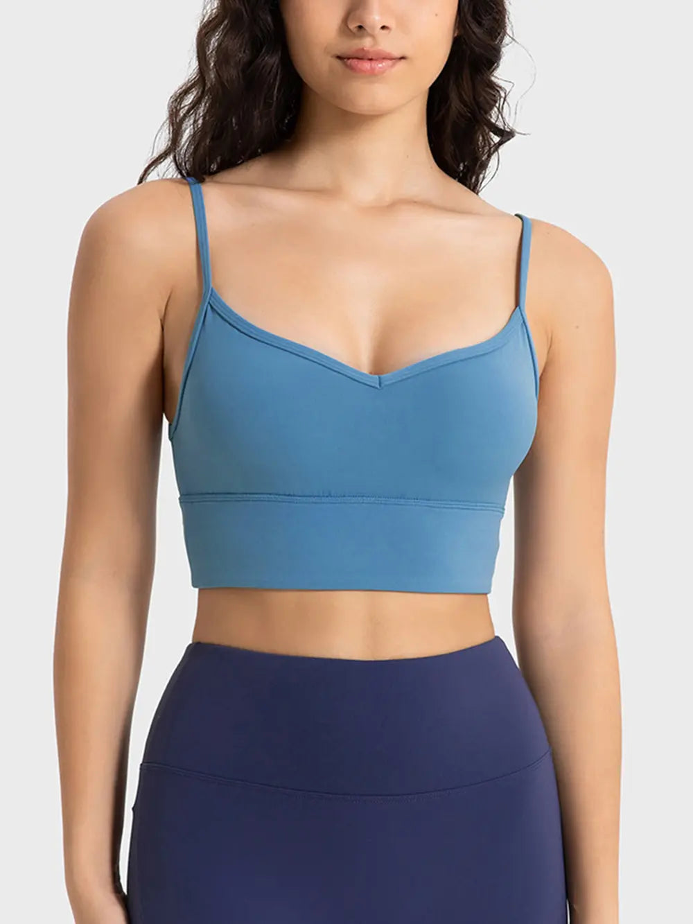 Cerulean spaghetti strap sport bra with V-neck front