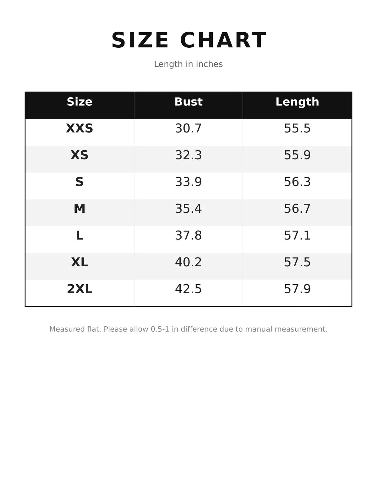 Size chart table with bust and length measurements in inches for XXS to 2XL