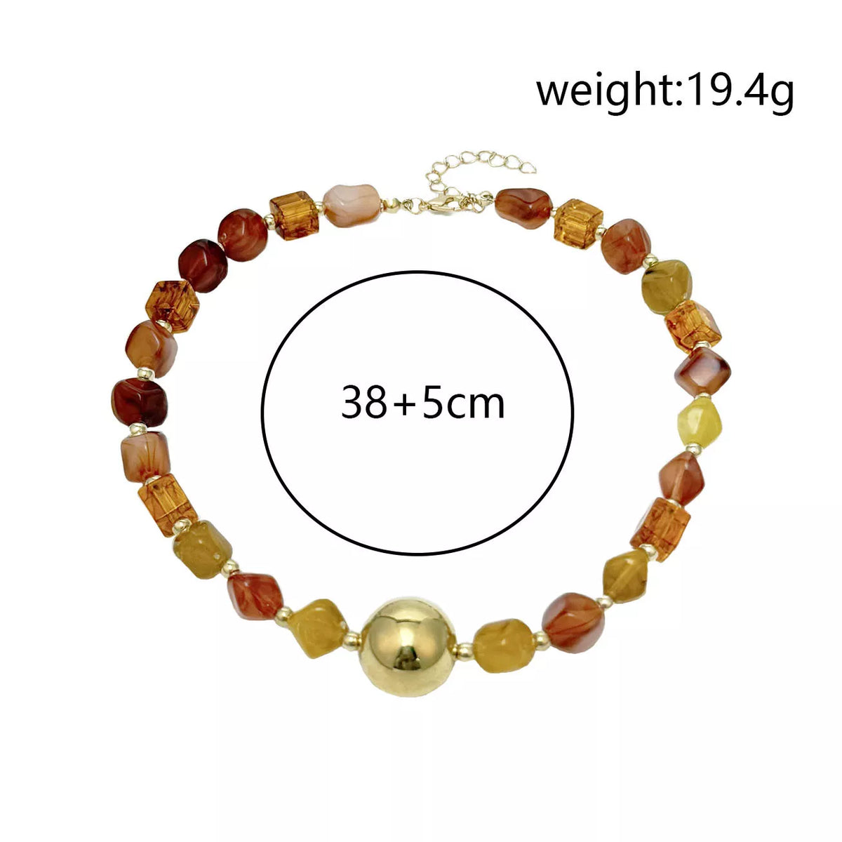 Flat-lay gold-tone beaded necklace with round center charm, multicolor amber beads, chain end