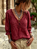 Burgundy floral embroidered tie-neck ruffled blouse with buttonless front tie