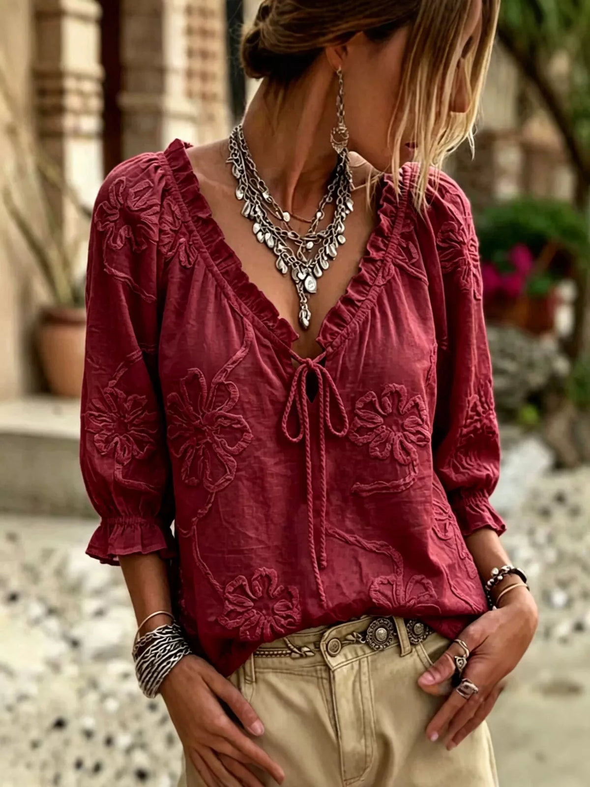 Burgundy floral embroidered tie-neck ruffled blouse with buttonless front tie