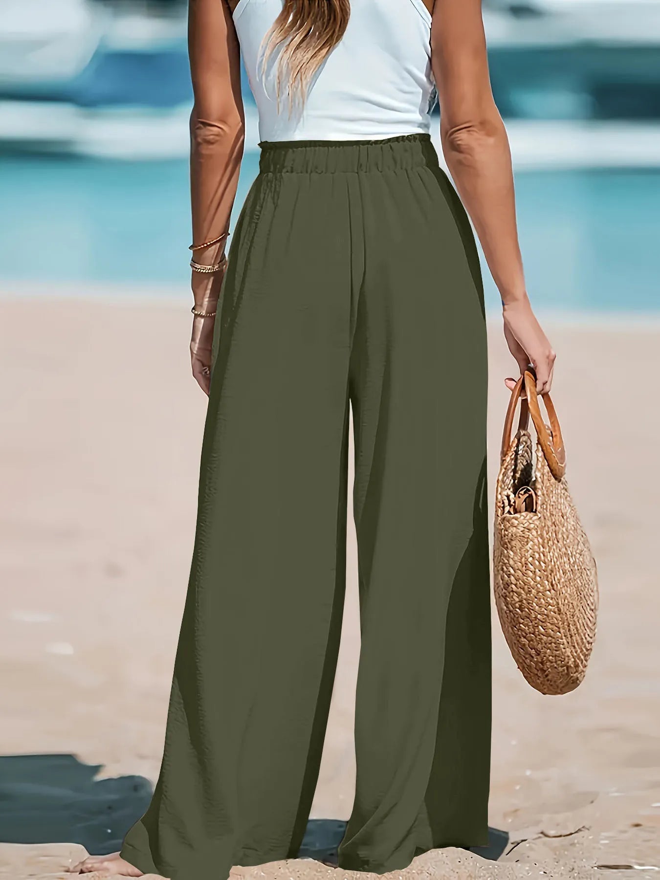 Army green wide-leg drawstring pants with ruched waist and wide flowing legs