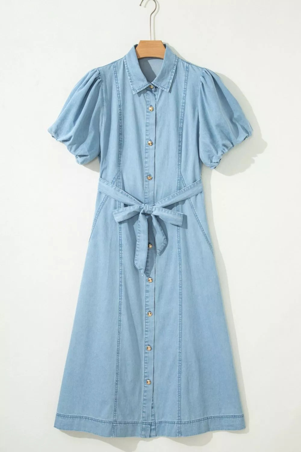Cedar & Moore Trendsi denim button-down collared dress with puff sleeves and waist belt