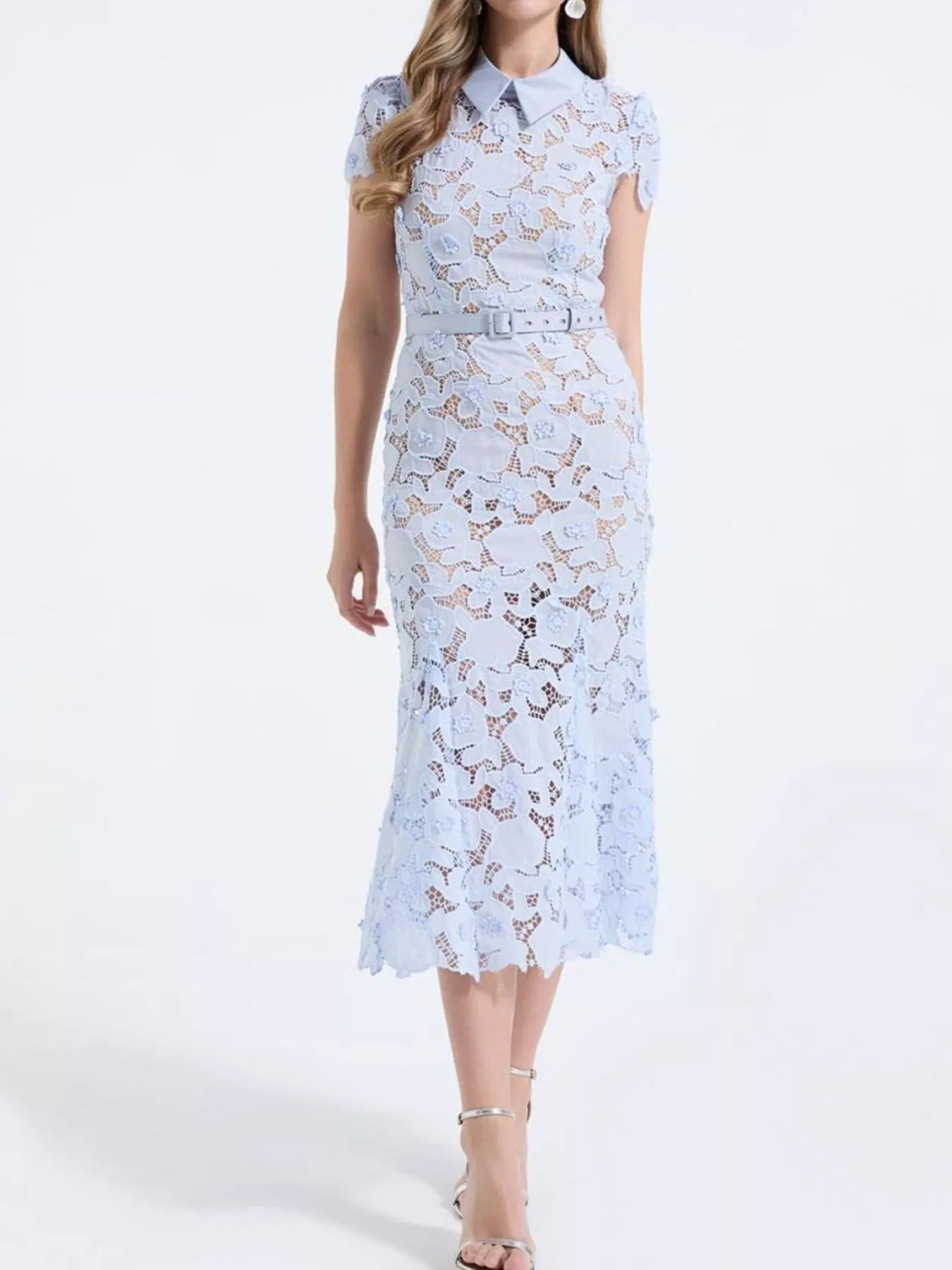 Cedar & Moore Floral Lace Short Sleeve Midi Dress in light blue with belt and zipper
