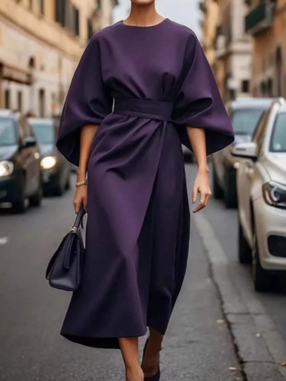 Women\'s purple belted midi dress with kimono sleeves and high waist twist front