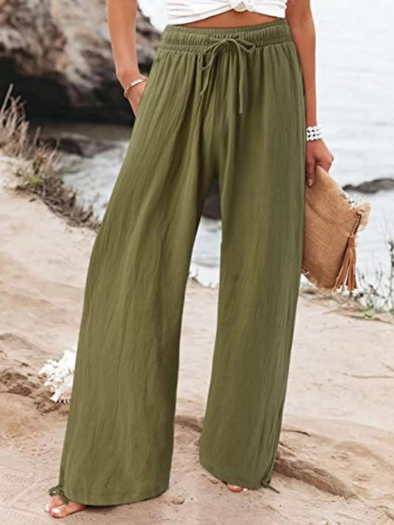 Wide-leg pants in army green with elastic drawstring waist