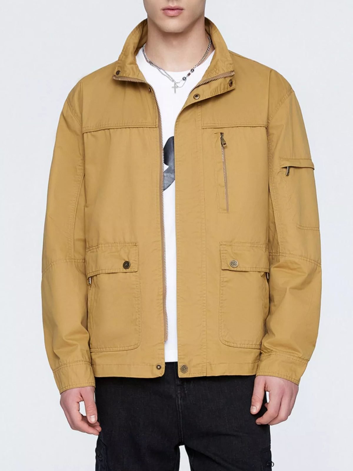 Khaki zip-up lightweight jacket with stand collar and chest zipper pocket
