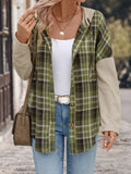Plaid hooded long-sleeve shirt in green and dark brown, button front, front pockets