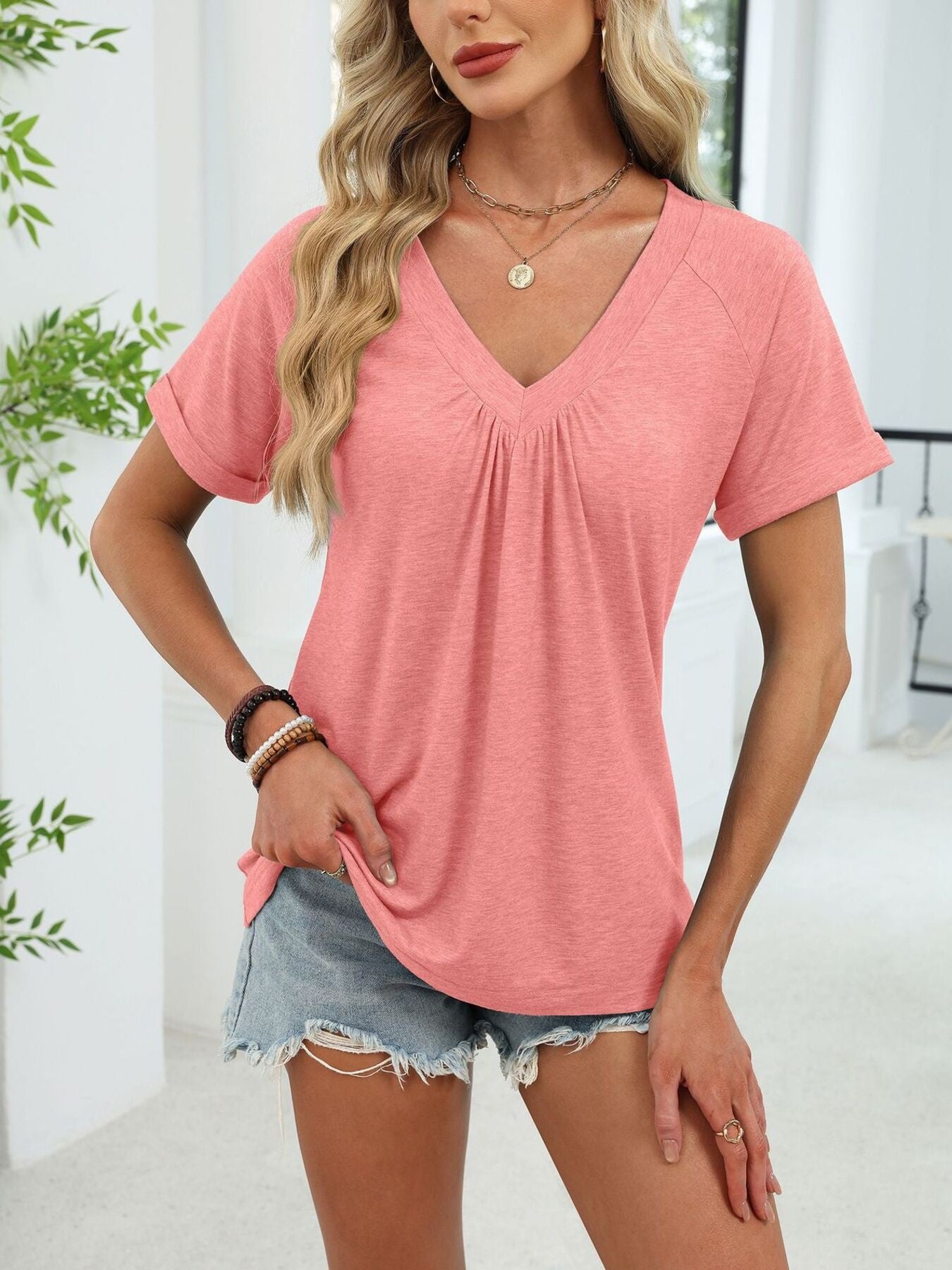 Cedar & Moore Casual V-Neck Short Sleeve T-Shirt in pink with ruched front detail, Trendsi.