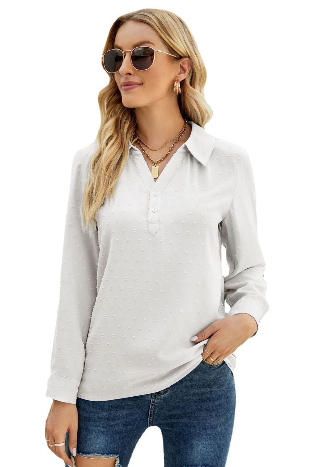 Swiss dot johnny collar blouse, white front with buttoned V-neck and long sleeves