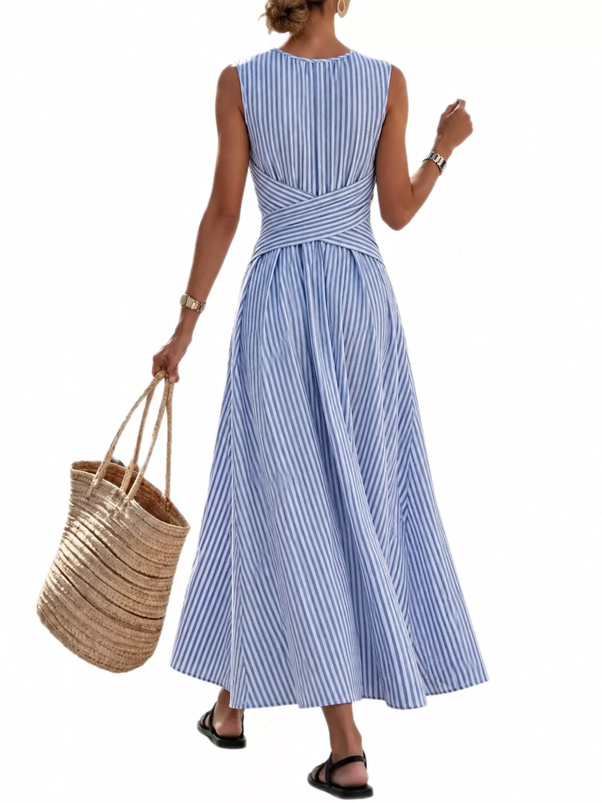 Blue striped sleeveless maxi dress featuring crisscross waist and pleated skirt