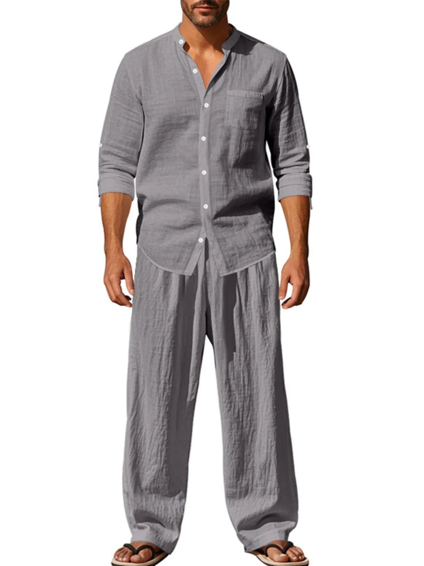 Grey button-up shirt and pants set, back view with 3/4 sleeves and front buttons