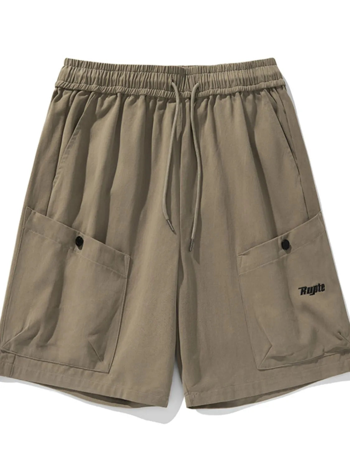Khaki drawstring shorts with pockets, elastic waist and pull-cord ties