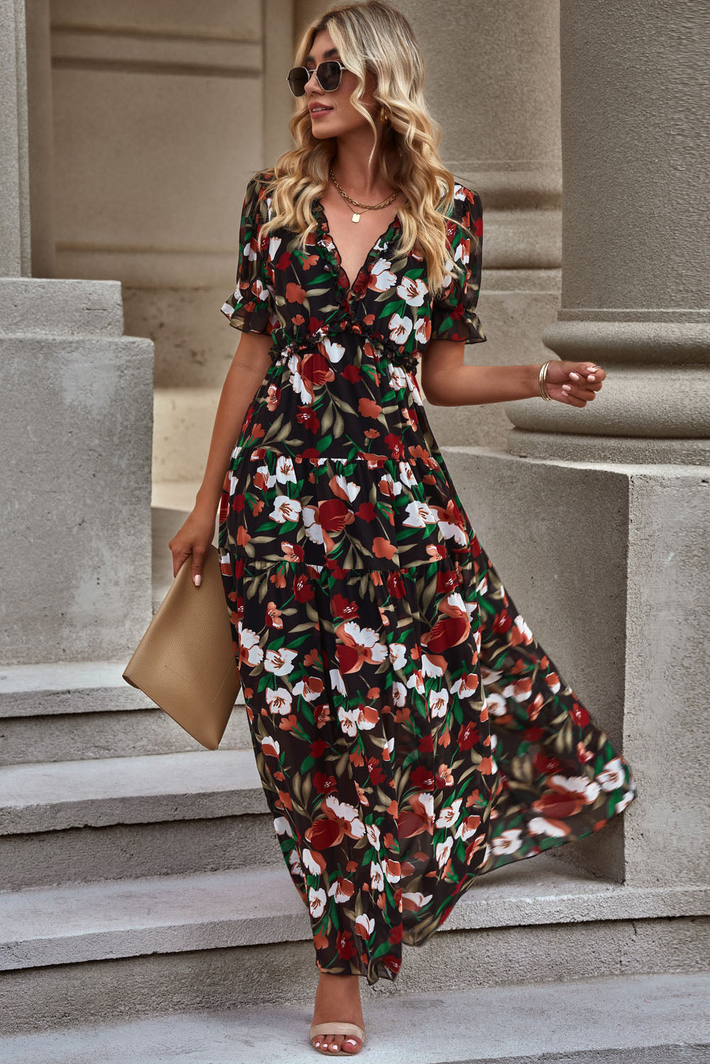Floral V-neck short flounce sleeve midi dress with gathered waist and tiered skirt.