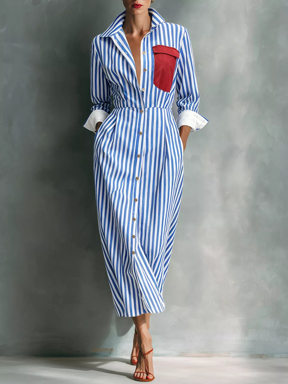 Blue striped shirt dress with red contrast pocket and button-front, midi length.