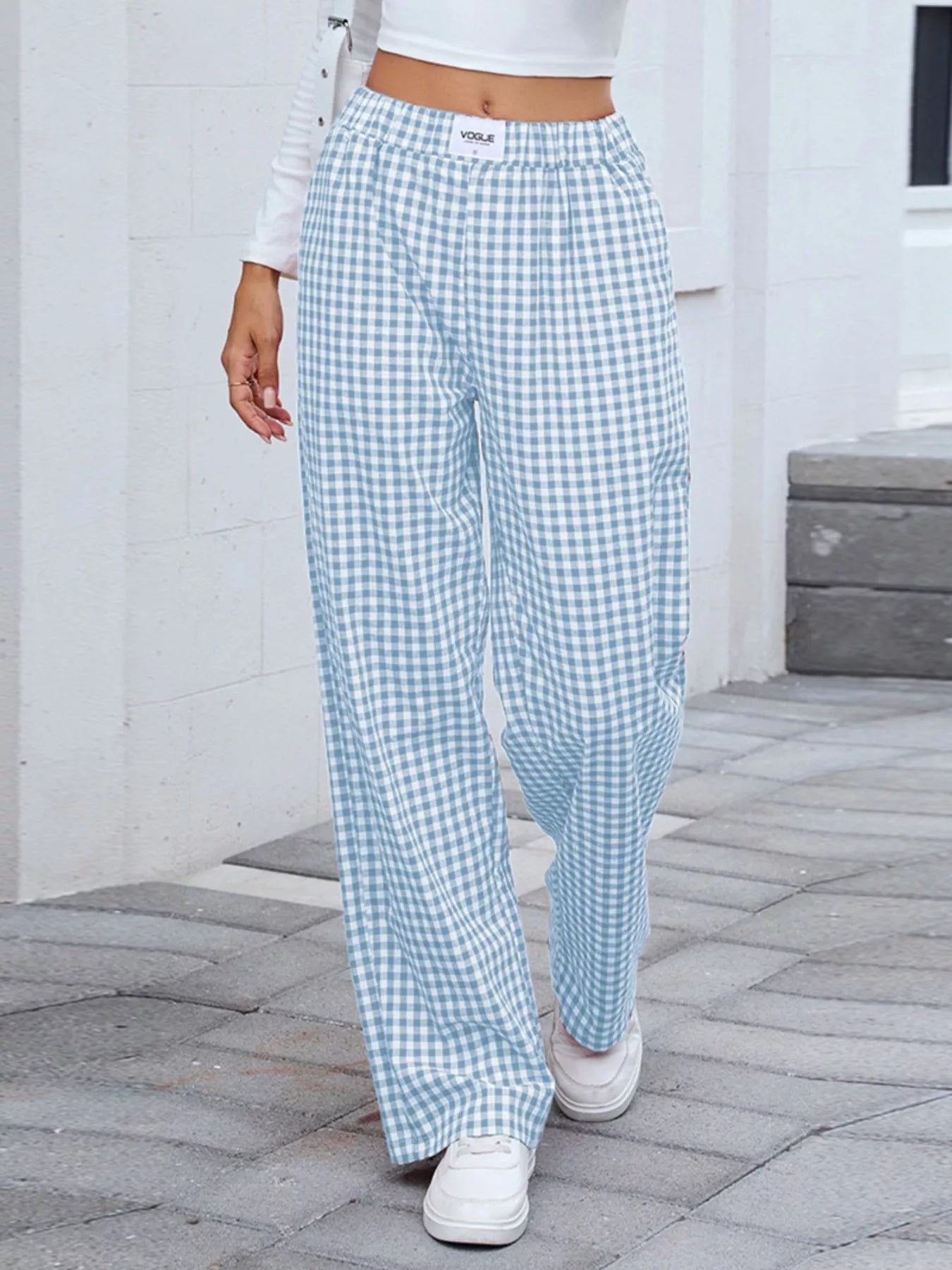 Light blue and white plaid wide-leg casual pants with elastic waistband
