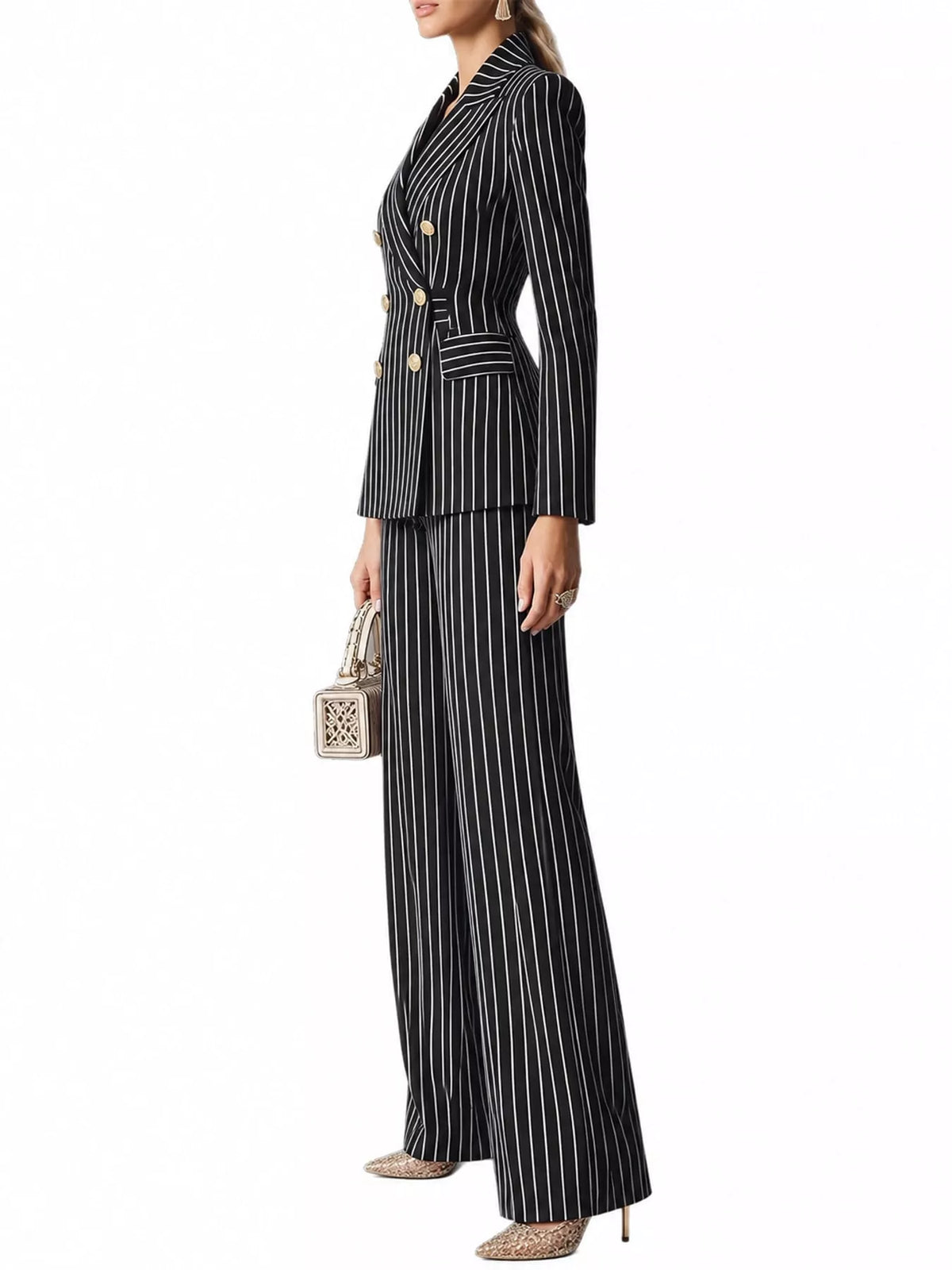 Black pinstripe double-breasted blazer and wide-leg pants set, side view.