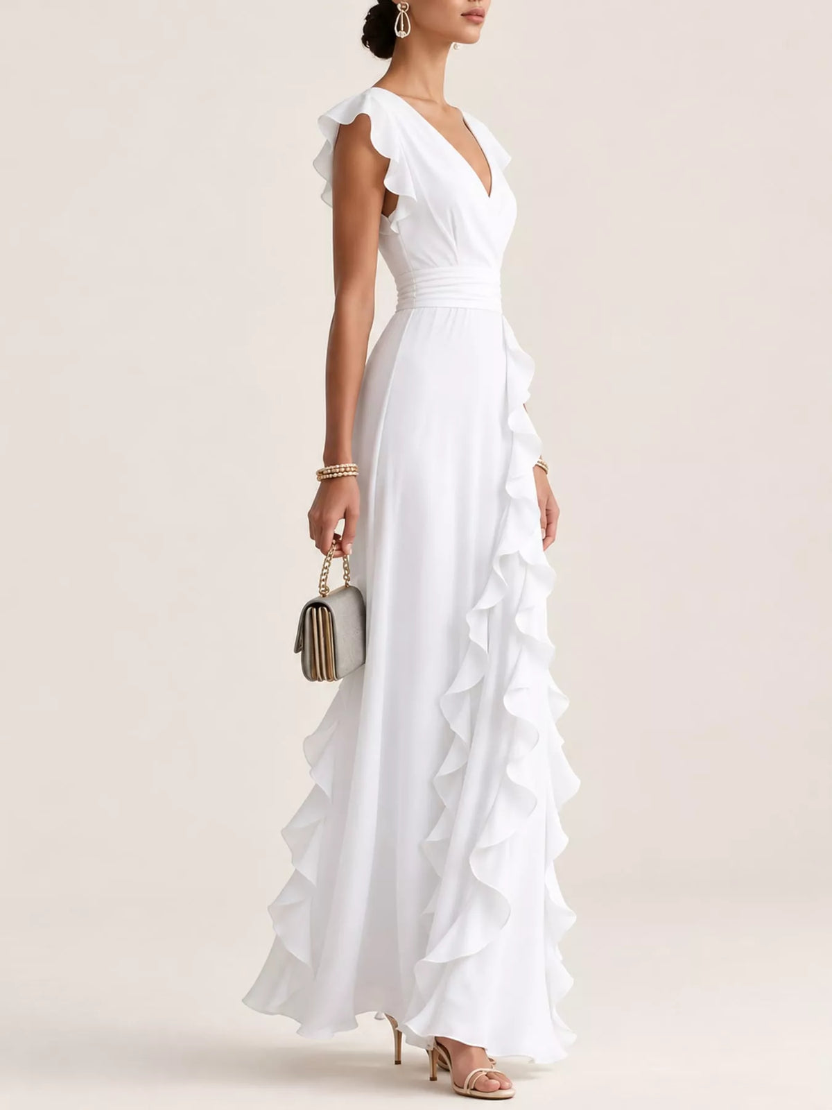 White sleeveless maxi dress with tiered ruffle skirt and flutter cap sleeves
