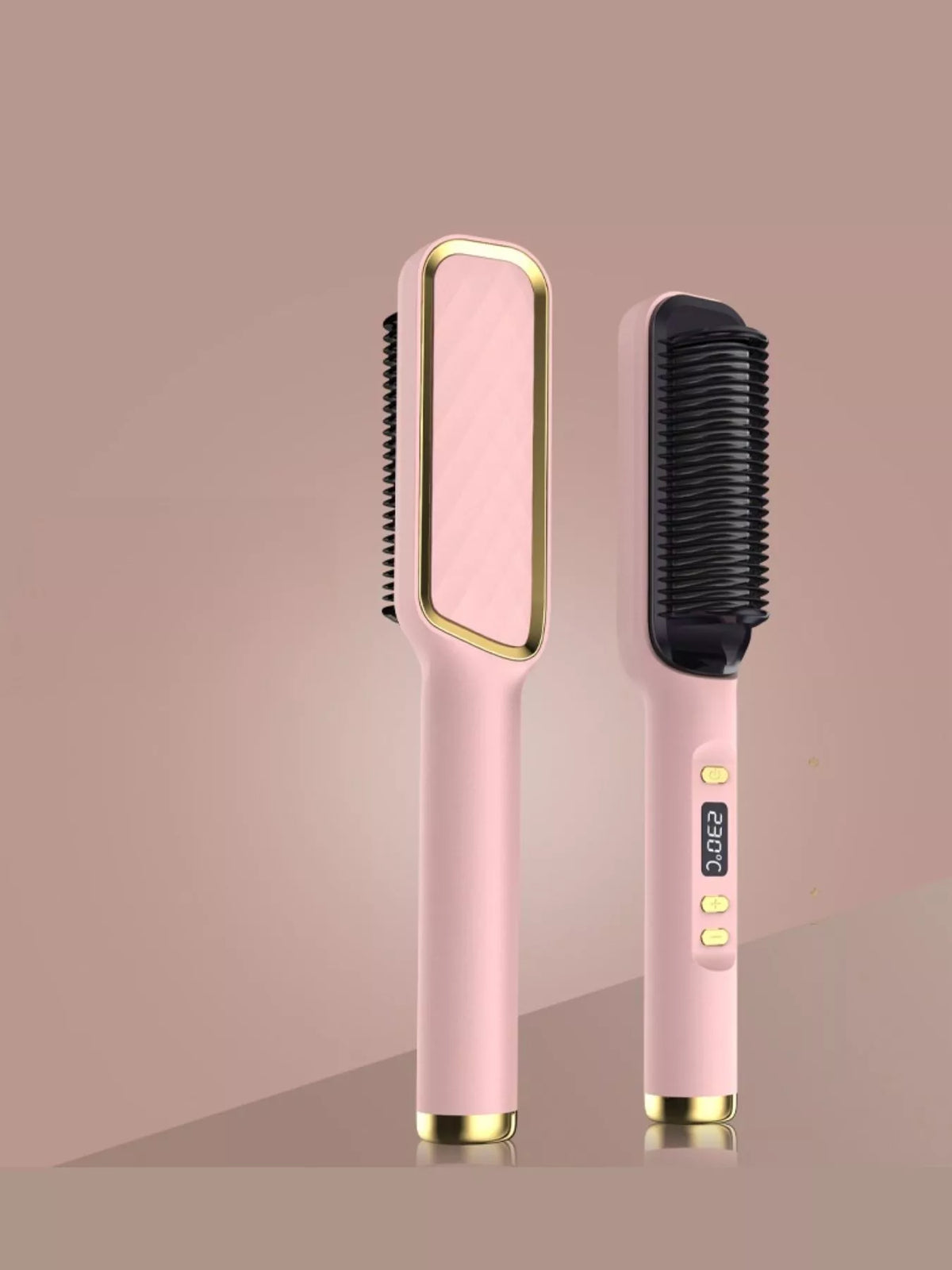 Electric ceramic straightening combs with pink and white handles, black bristles