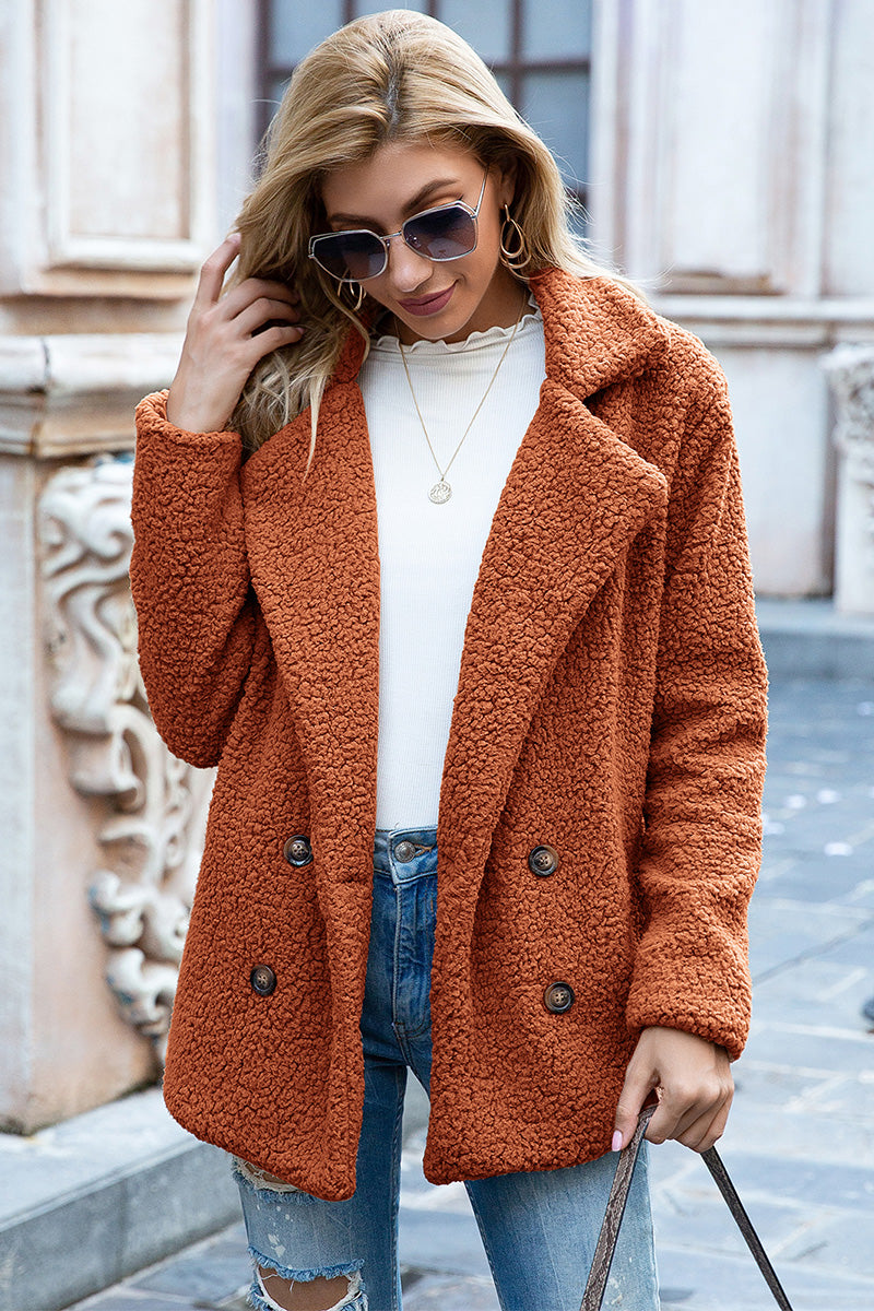 Sherpa lapel collar coat in rust, full size, double-breasted buttons, long sleeves