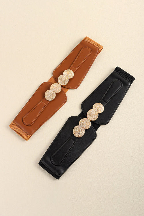 Caramel and black elastic belt with round alloy buckle and center coin links