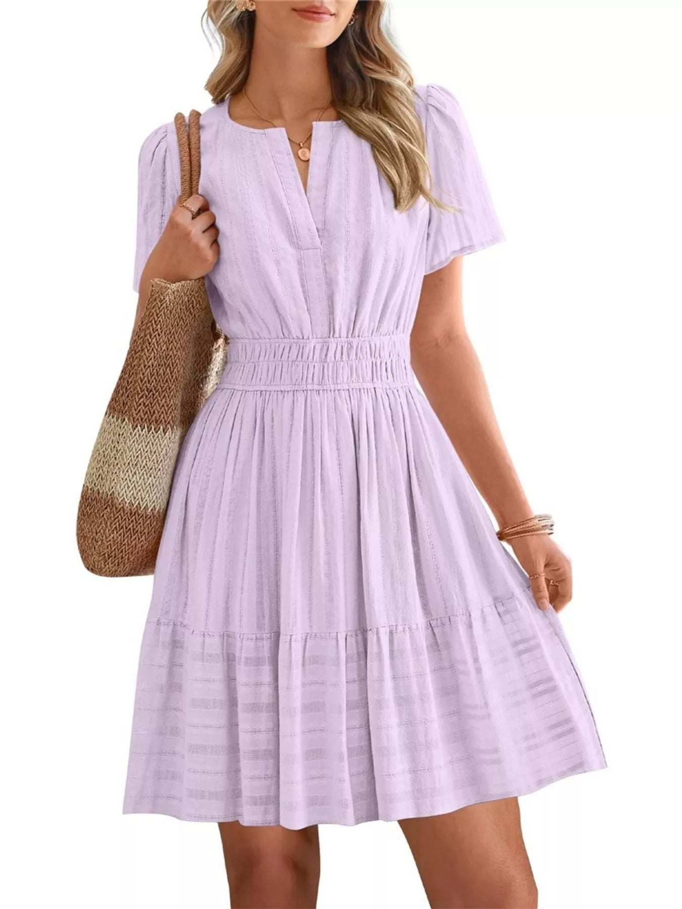 Smocked waist tiered dress in lavender, short sleeves, V-neck