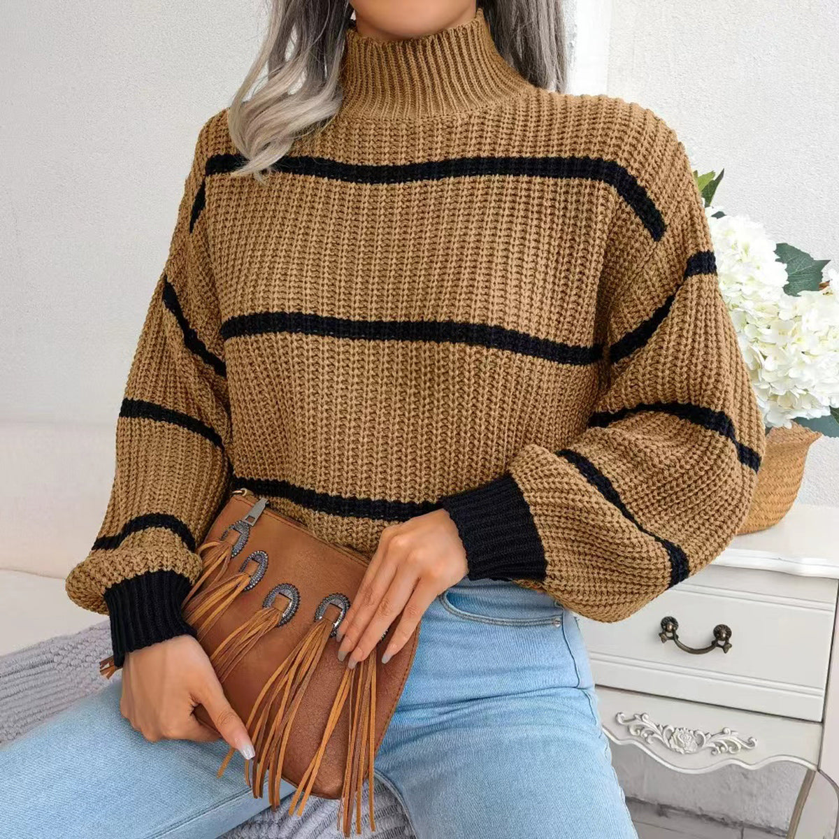 Mock neck striped knit sweater in camel with black stripes, ribbed cuffs and hem