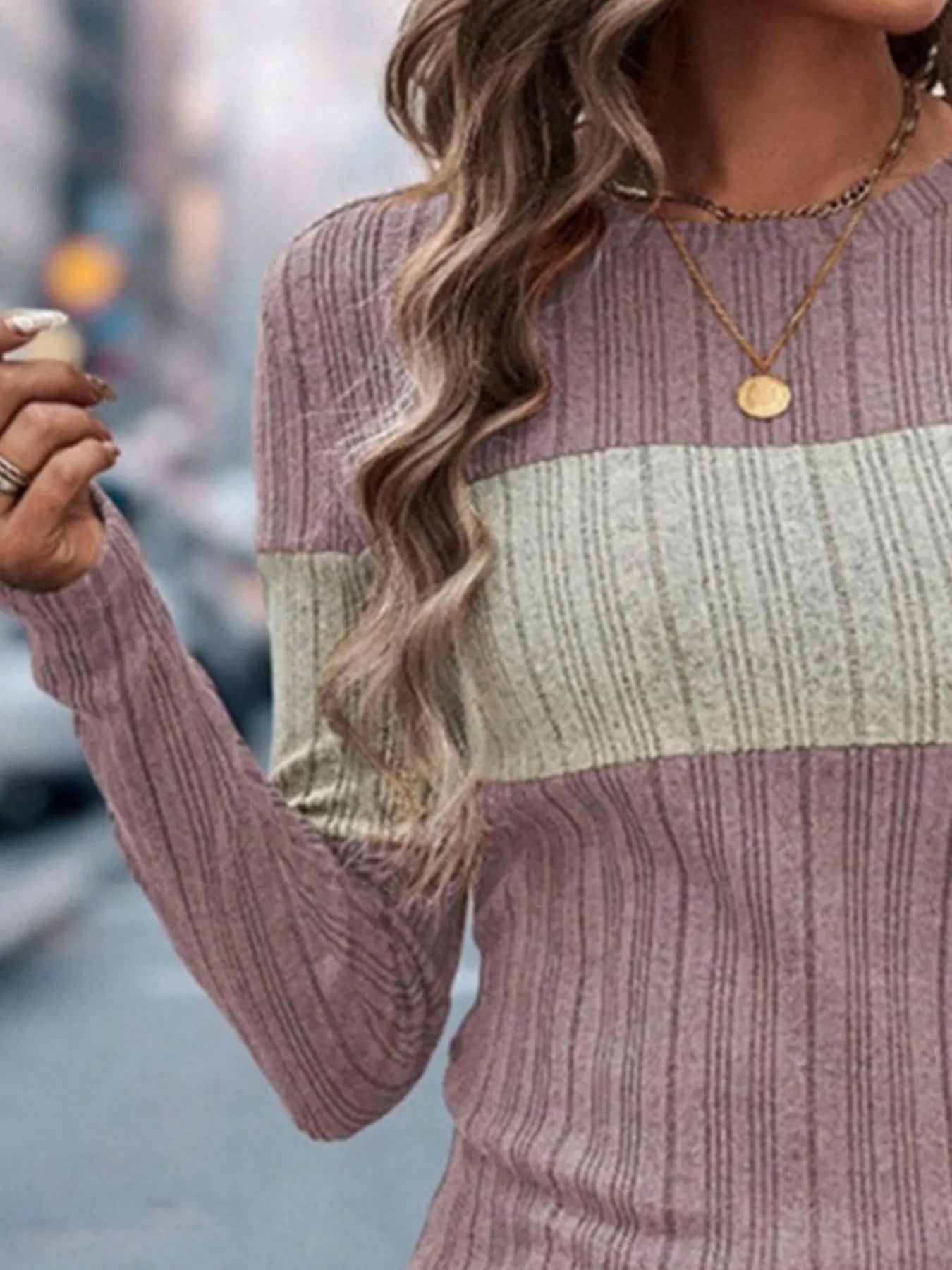 Color-block round-neck long-sleeve sweater in mauve with cream middle stripe.