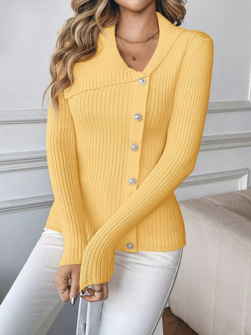 Yellow asymmetrical button-up ribbed cardigan with long sleeves and scalloped collar