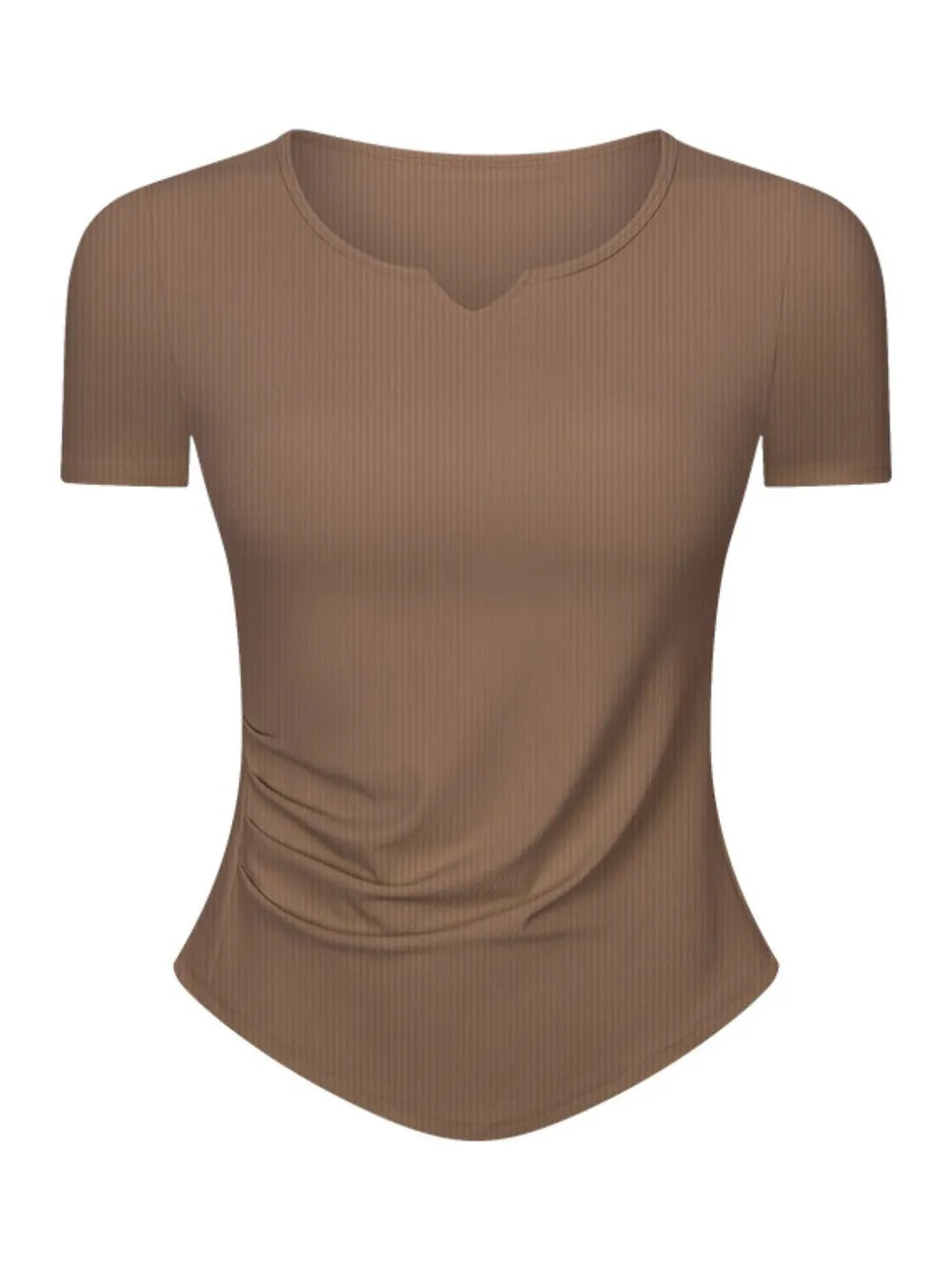 Brown active t-shirt, notched V-neck, short sleeves (flat lay)