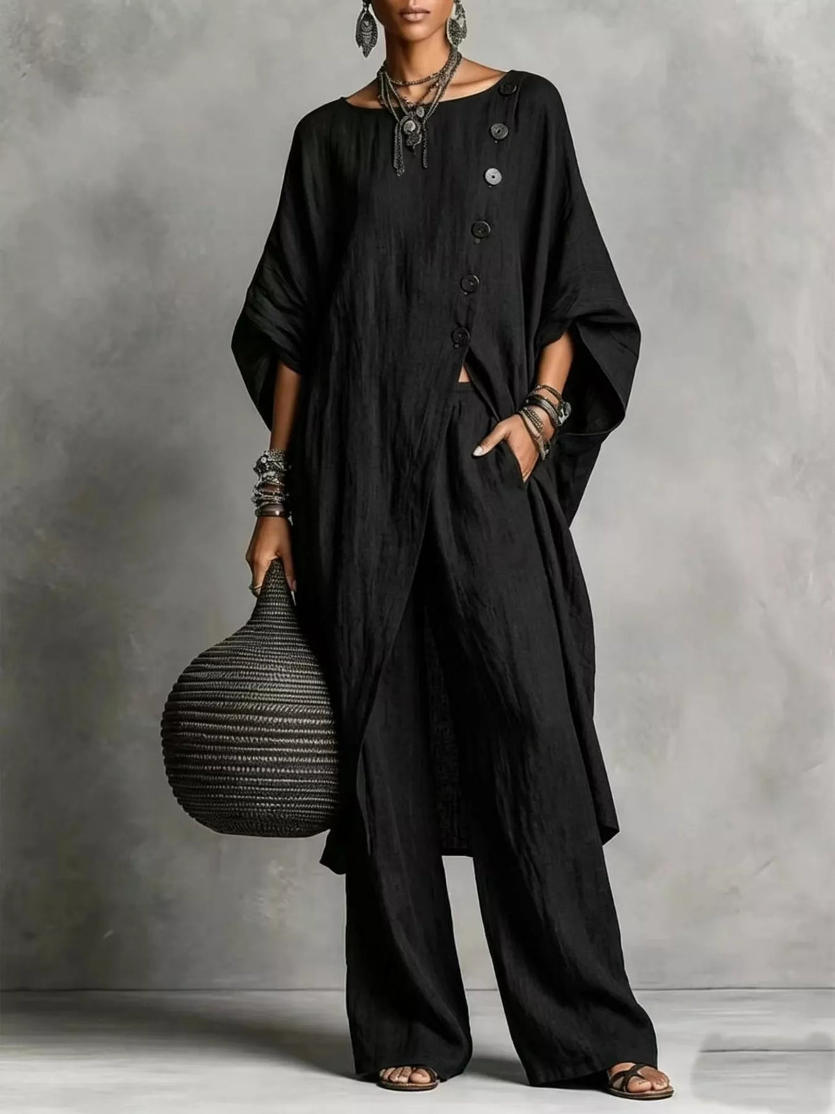 Black two-piece button-front tunic and wide-leg pants set, 3/4 sleeves