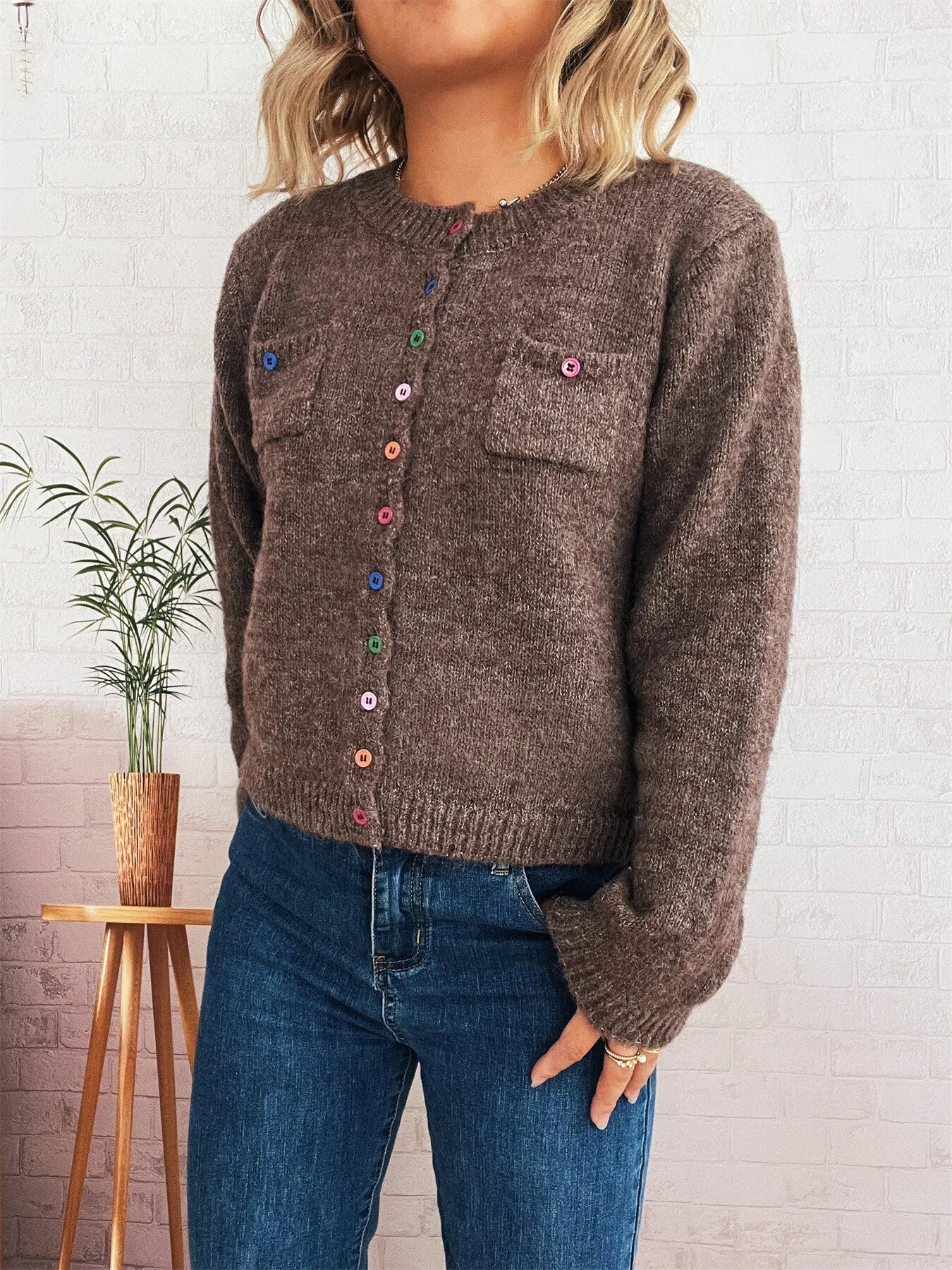 Brown ribbed hem cardigan with chest pocket and multicolor button front, long sleeves