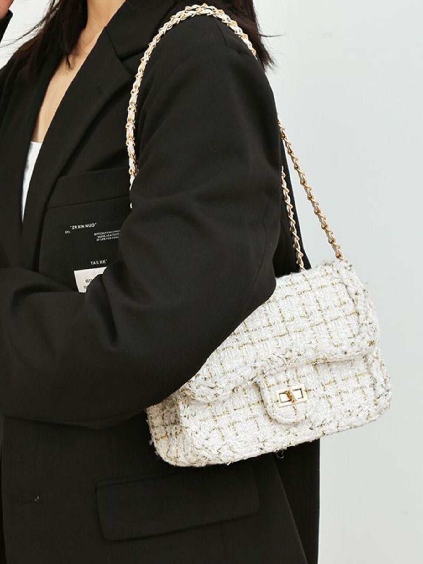 Tweed Chain Shoulder Bag by Trendsi in ivory tweed with gold chain strap