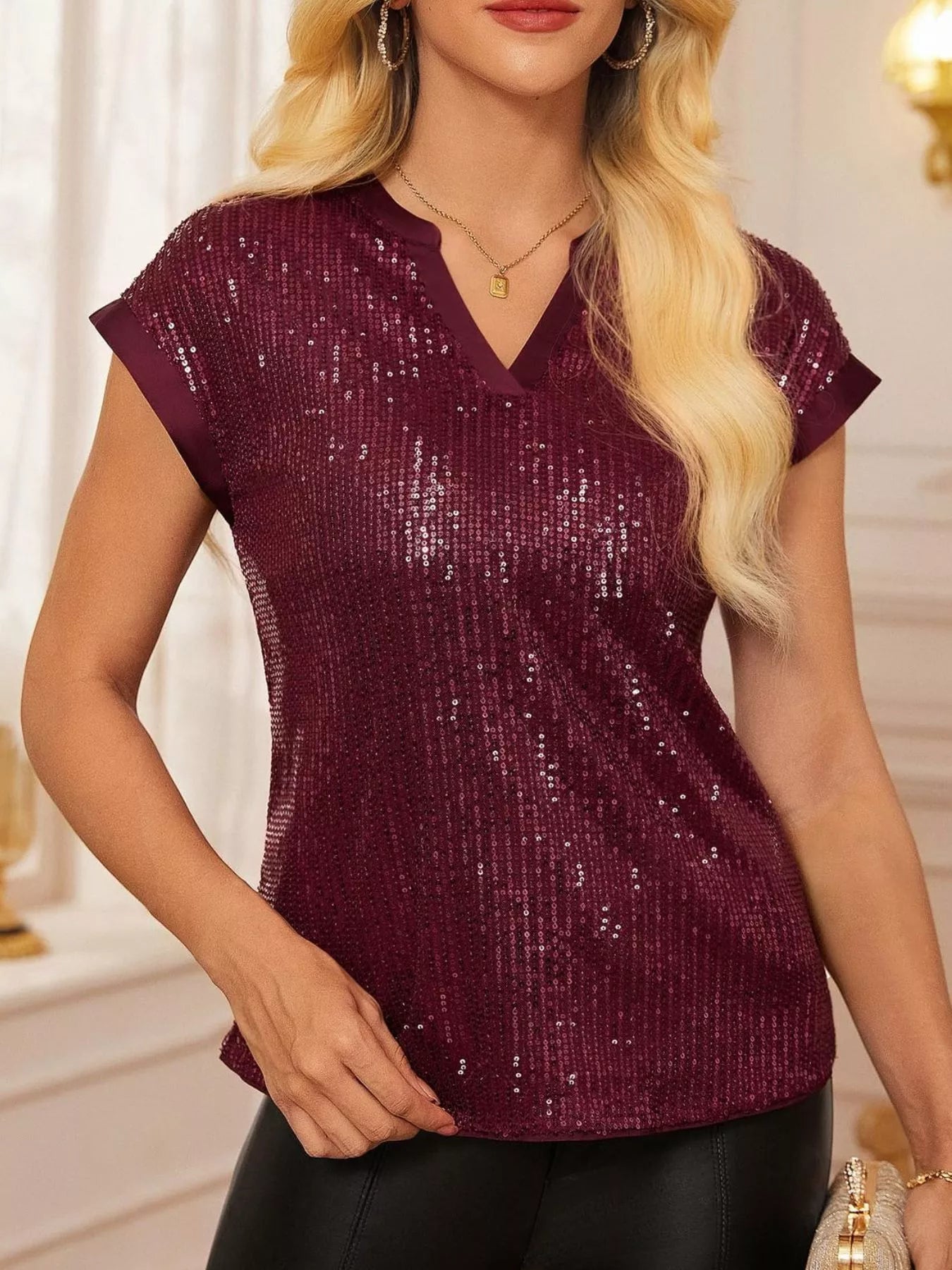 Sequin Notched Cap Sleeve Blouse in burgundy with V-neck
