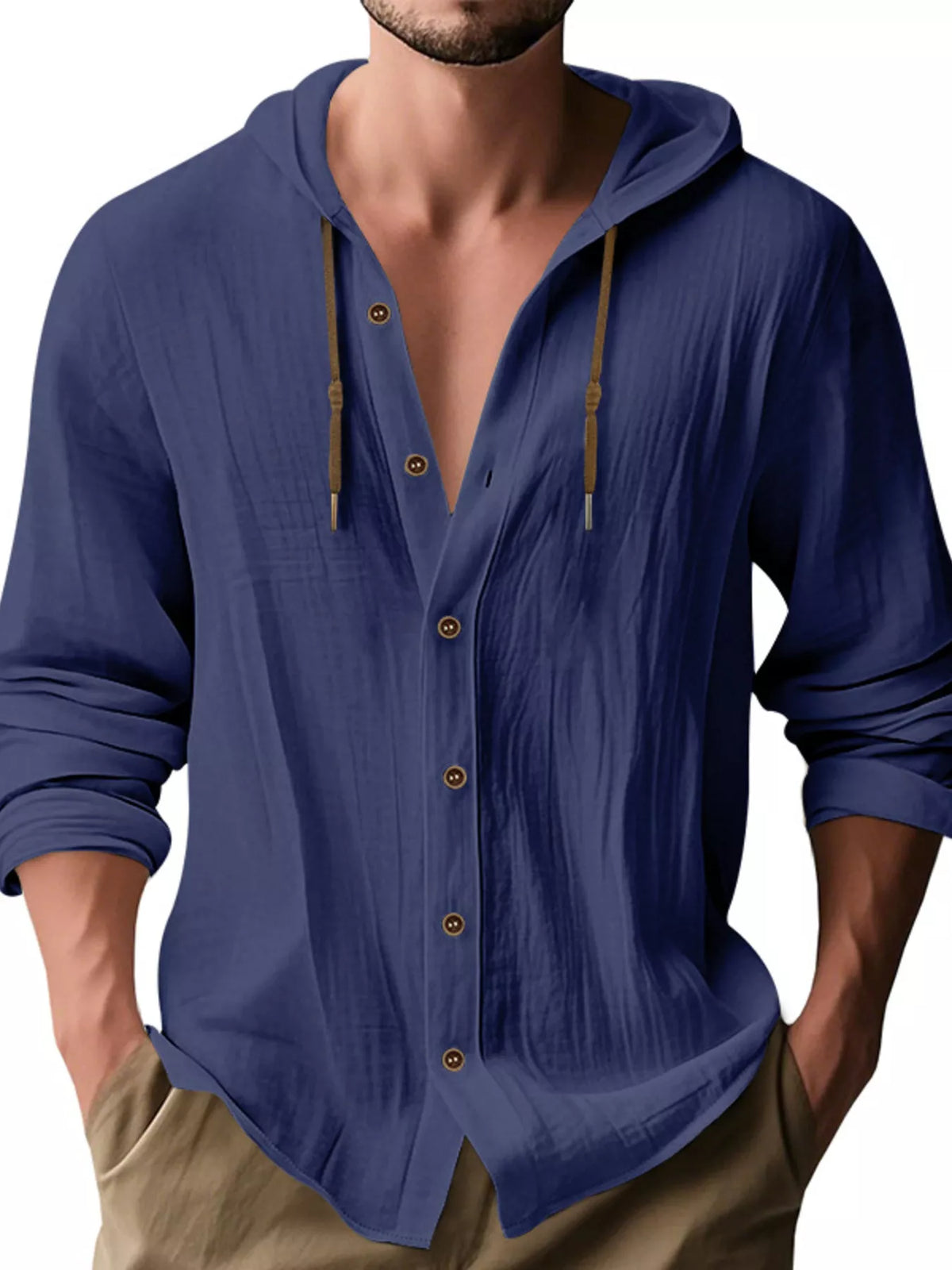 Men's navy blue linen hooded button shirt with drawstring, long sleeves