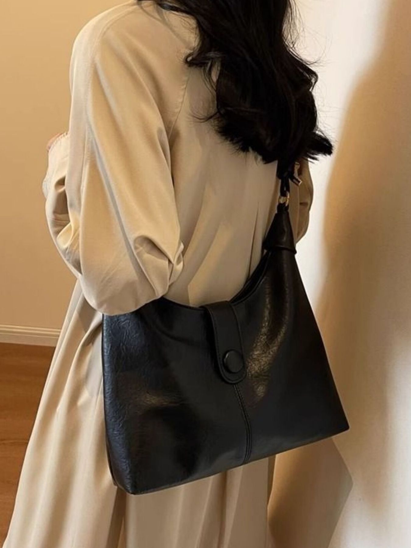 Vintage Buckle Closure Shoulder Bag in black PU leather, medium size.