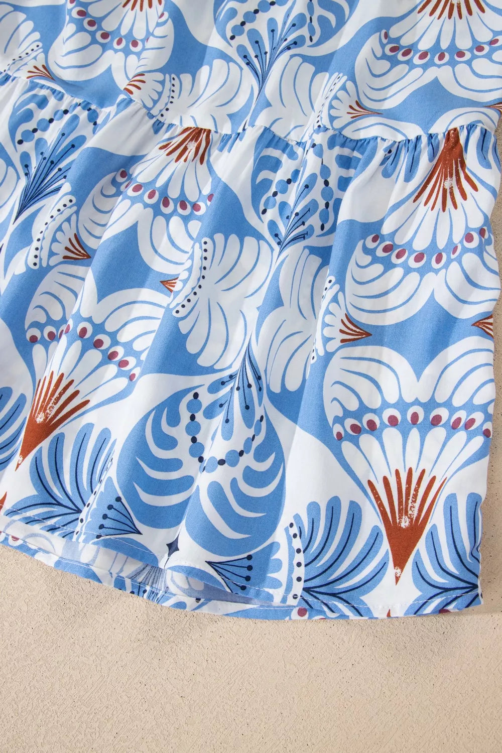 Cedar & Moore Trendsi Tropical Botanic Print Flutter Sleeve Vacation Dress in blue and white with ruffle details
