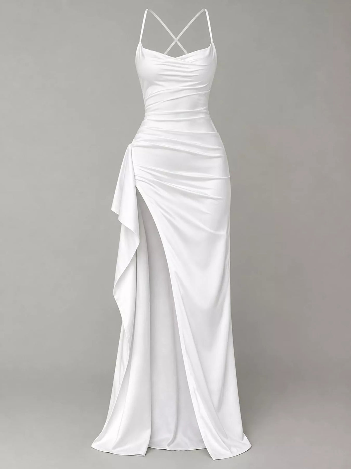 White satin maxi dress with ruched bodice, spaghetti straps, and high side slit.