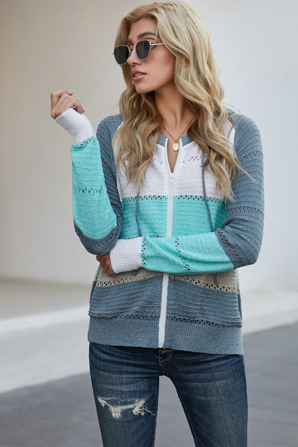Zip-up hooded cardigan in blue gray and turquoise with openwork striped knit and hood