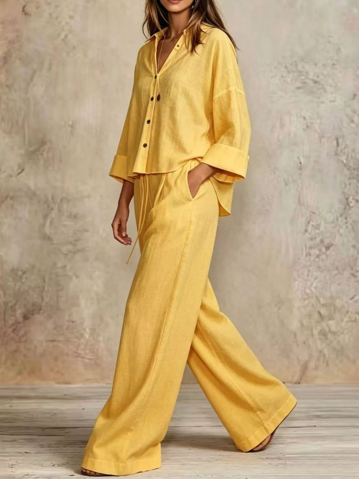 Yellow wide-leg button down shirt and pants set, button front, drawstring waist, wide trousers.