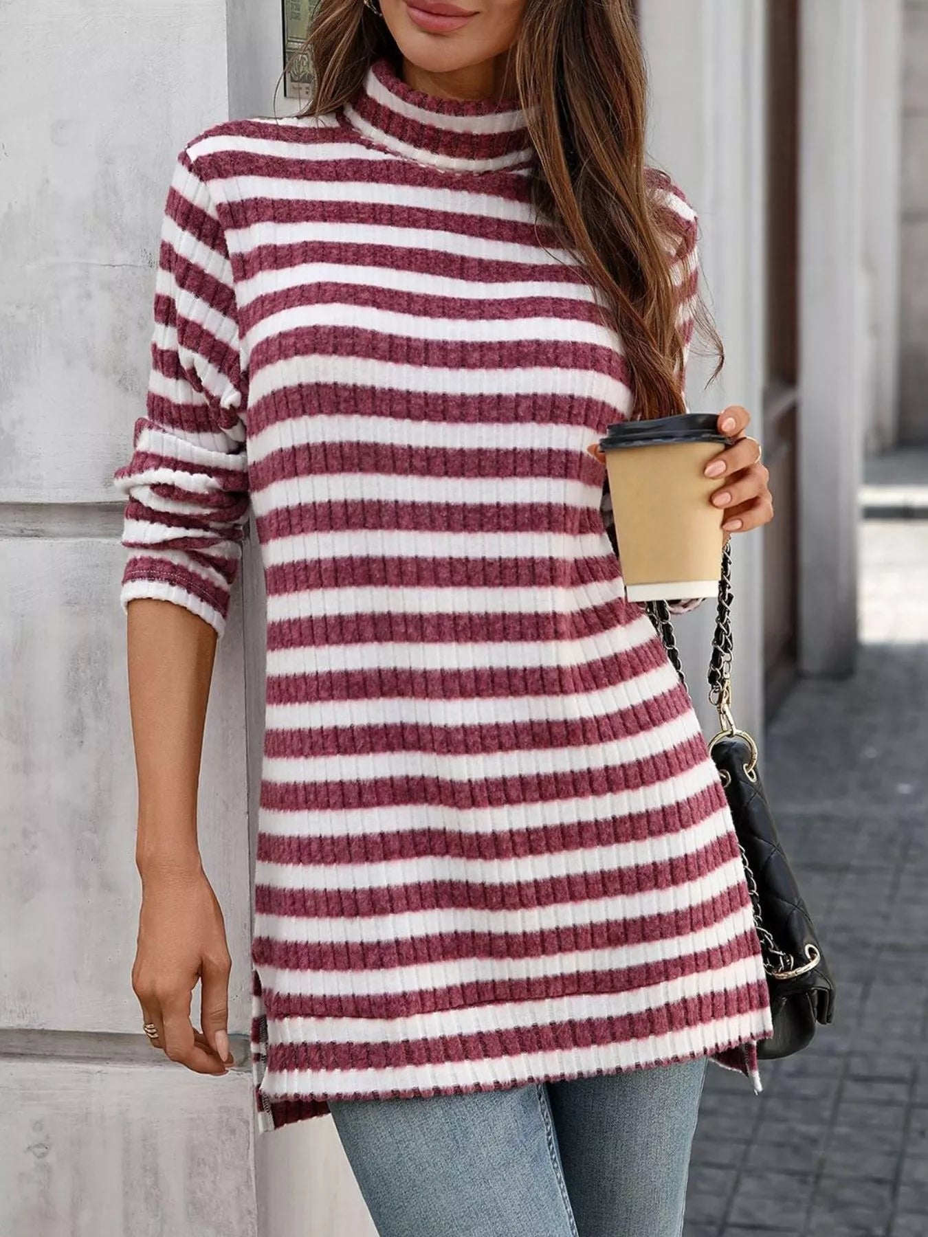 Striped turtleneck long sleeve knit top in white and burgundy, soft knit texture