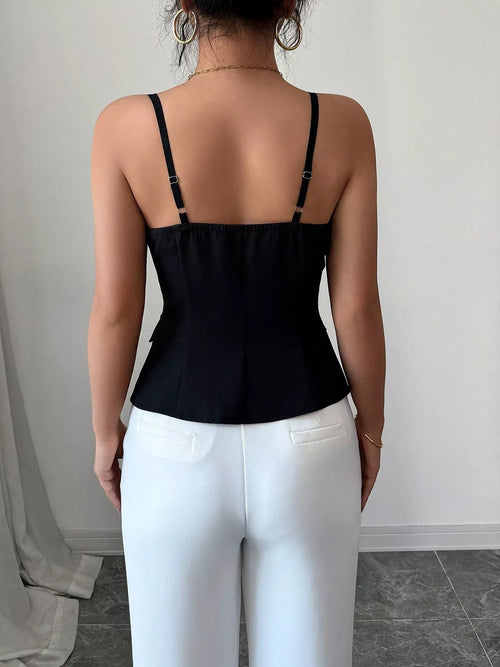 Black button-front cami top, back view with thin adjustable straps