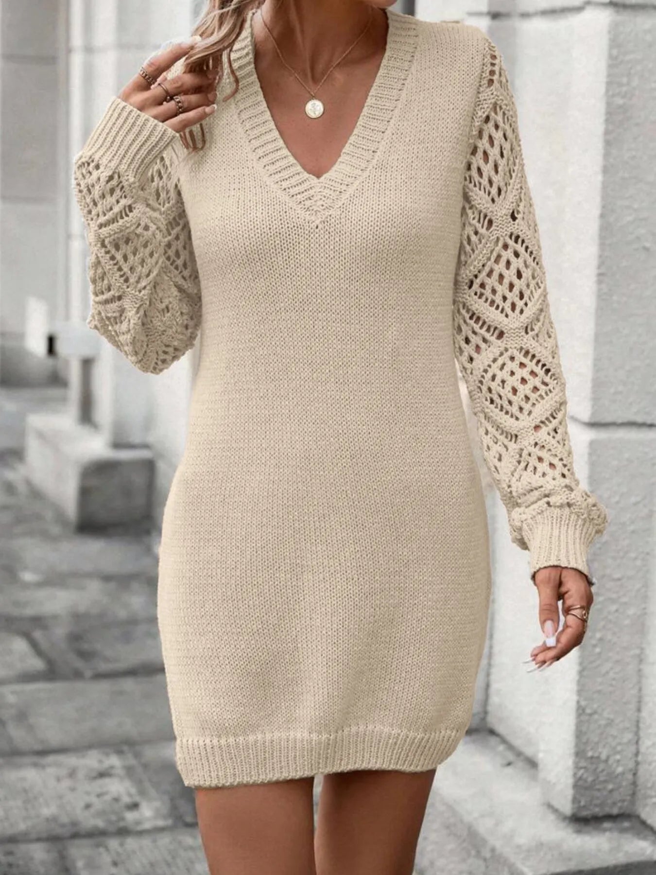 Beige knit V-neck sweater dress with hollow-out sleeve knit