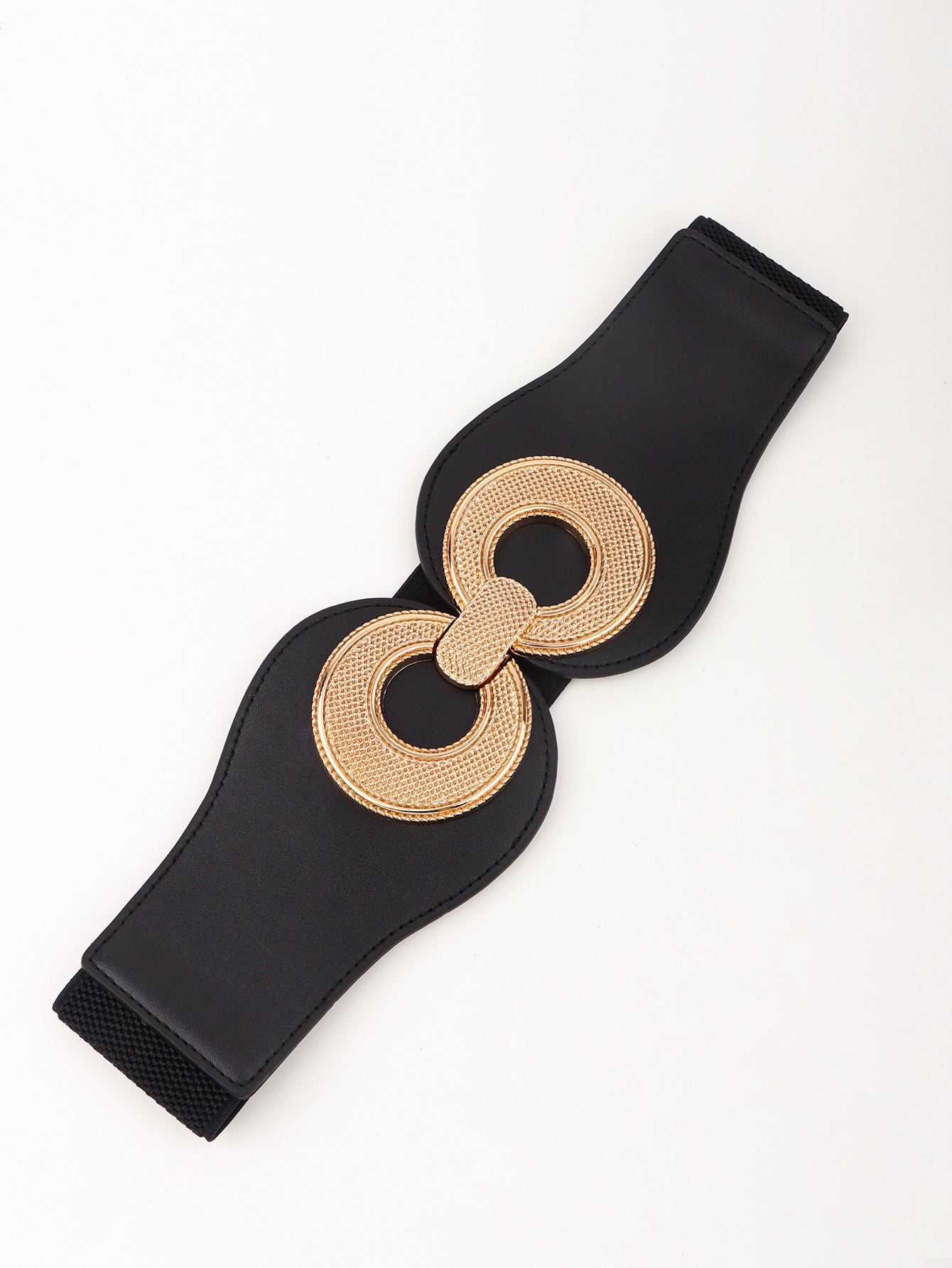 Elastic vegan belt with black strap and gold woven double-ring buckle