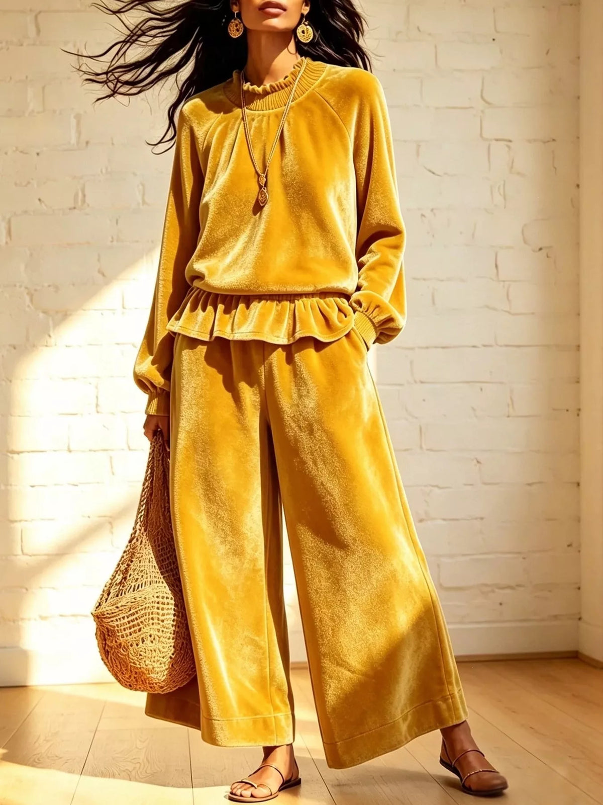 Yellow velvet ruffled peplum top and wide-leg pants set, long sleeves