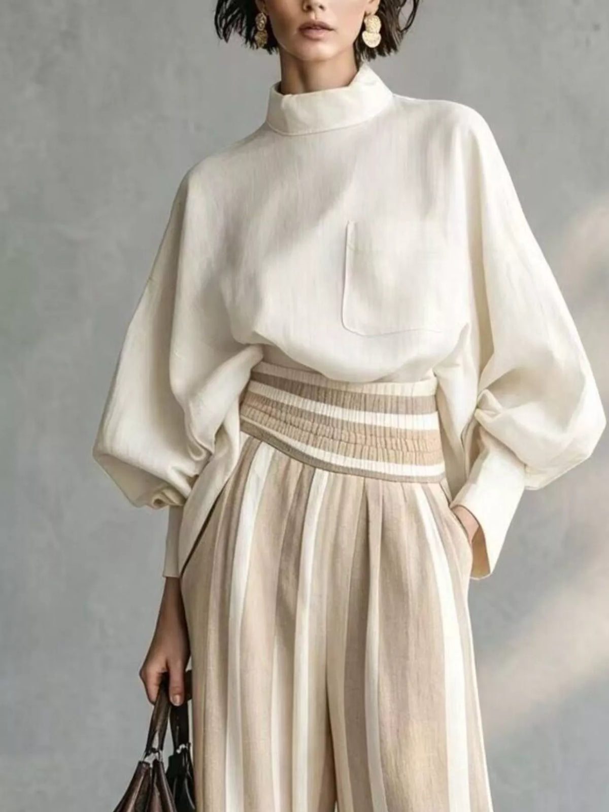 Cream mock-neck top with chest pocket and striped wide-leg pants two-piece set